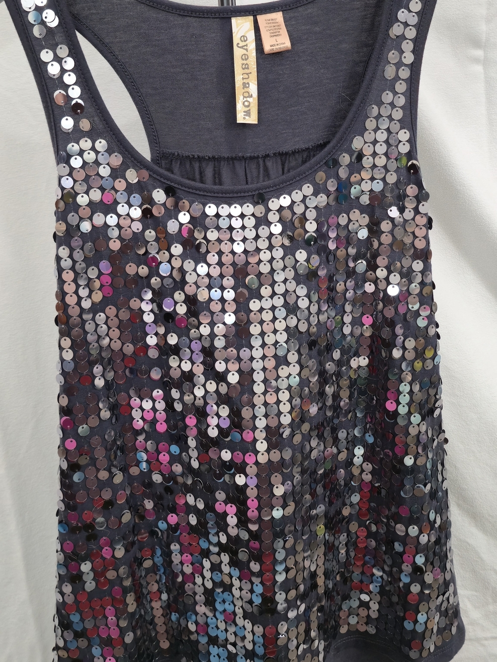 Eyeshadow Women's Sequined Tank Top in Charcoal with Iridescent Accents